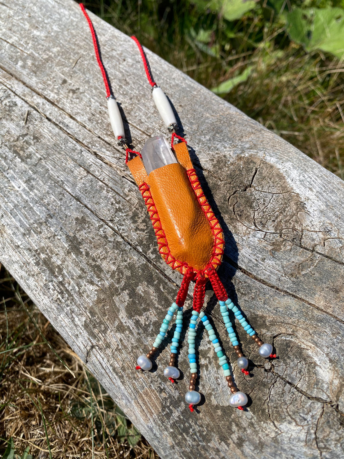 Crystal pouch with beaded fringe & pearls