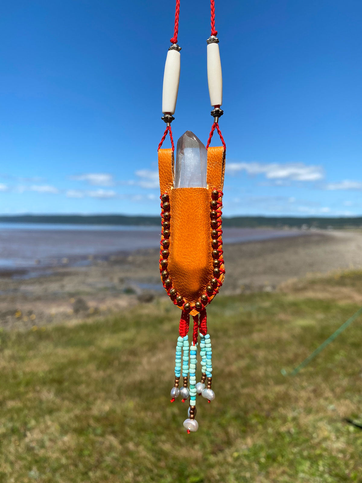 Crystal pouch with beaded fringe & pearls