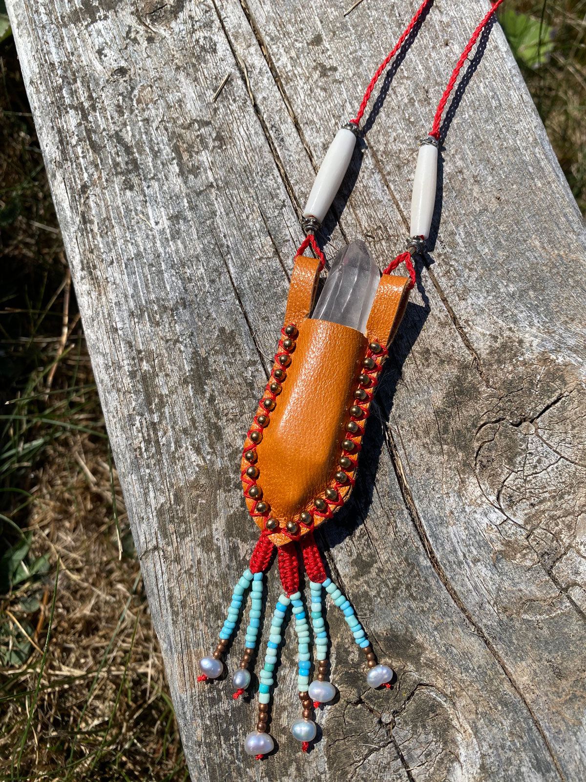 Crystal pouch with beaded fringe & pearls