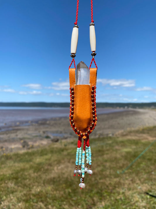 Crystal pouch with beaded fringe & pearls