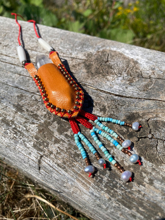 Crystal pouch with beaded fringe & pearls