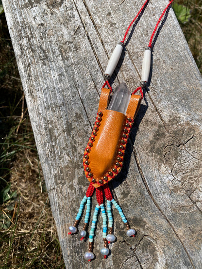 Crystal pouch with beaded fringe & pearls